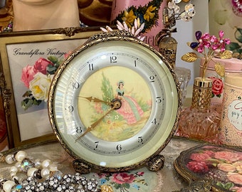 A Lovely Vintage Alarm Clock, Crinoline Lady & Gold Ormolu Wind Up, Dressing Table, Boudoir, 1940s Hollywood Regency, Petit Point