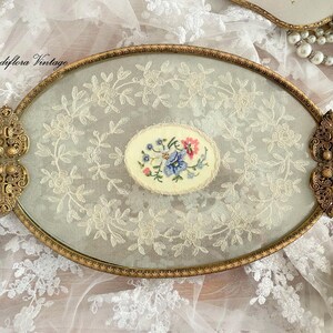 Vintage Petit Point Lace and Ormolu Gold Dressing Table Vanity Dresser Set, Tray, Hair Brush, Clock, Hand Mirror, Hollywood Regency image 3