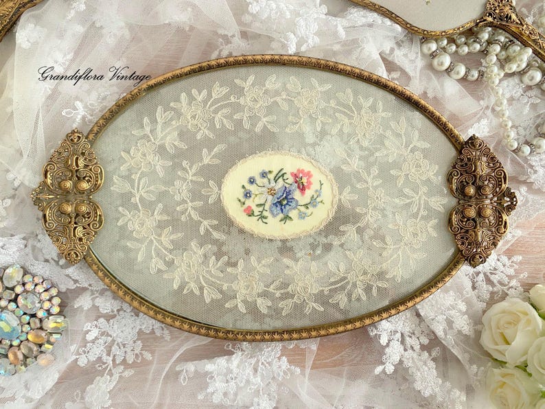 Vintage Petit Point Lace and Ormolu Gold Dressing Table Vanity Dresser Set, Tray, Hair Brush, Clock, Hand Mirror, Hollywood Regency image 3