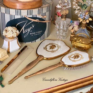 Vintage Matson Dresser Vanity Set, 24kt, Hair Brush, Hand Mirror, Comb, Gold Roses, Dressing Table, 1960s, In Box, Hollywood Regency