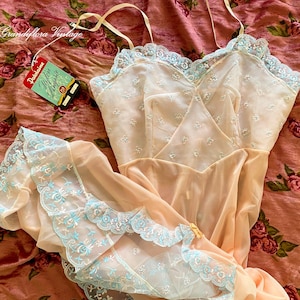 NOS Vintage 1950s Petticoat Slip Dress, New with Tag, Pink with Blue Crystal Ruffle Lace, s/m, Patolaine Lingerie, BNWT, Cami, Coquette
