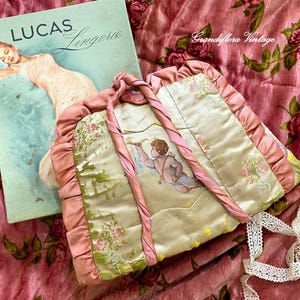 Antique French Silk Lingerie Case Pochette, Hand Painted Cherubs, Boudoir, Handkerchief, Stockings Case, Vintage Shabby Chic, Pink