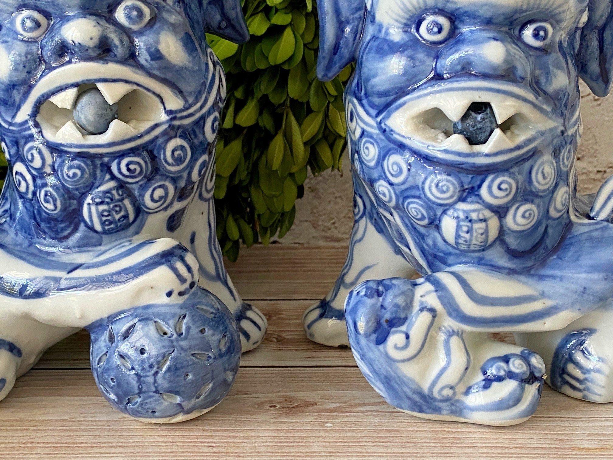 A Stunning Pair of Large Vintage Blue and White Chinese Foo