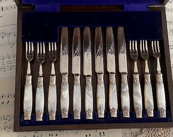 Antique 12 Piece Silver Plated & Mother Of Pearl Handles, Knives and Forks, MOP, In Box, English Ornate, Victorian