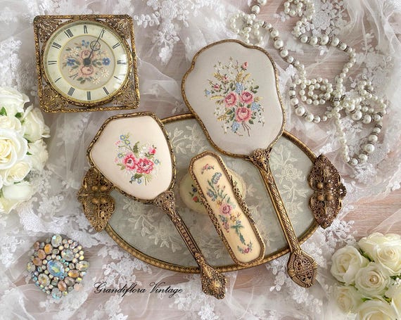 Vintage Petit Point Lace and Ormolu Gold Dressing Table Vanity Dresser Set, Tray, Hair Brush, Clock, Hand Mirror, Hollywood Regency