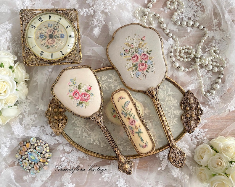 Vintage Petit Point Lace and Ormolu Gold Dressing Table Vanity Dresser Set, Tray, Hair Brush, Clock, Hand Mirror, Hollywood Regency image 1