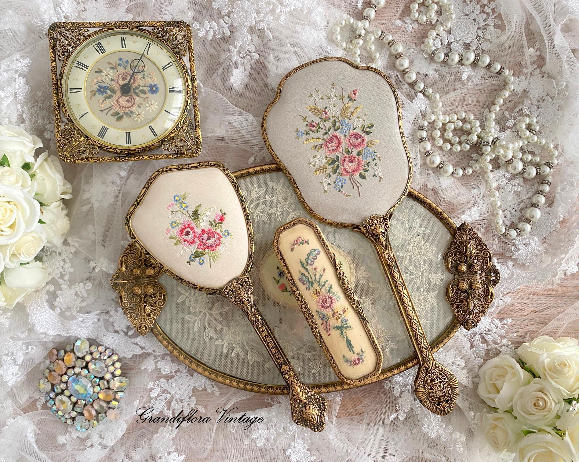 Vintage Petit Point Lace and Ormolu Gold Dressing Table Vanity Dresser Set, Tray, Hair Brush, Clock, Hand Mirror, Hollywood Regency - Etsy Israel Vintage Petit Point Lace and Ormolu Gold Dressing Table Vanity Dresser Set, Tray, Hair Brush, Clock, Hand Mirror, Hollywood Regency - Etsy Israel