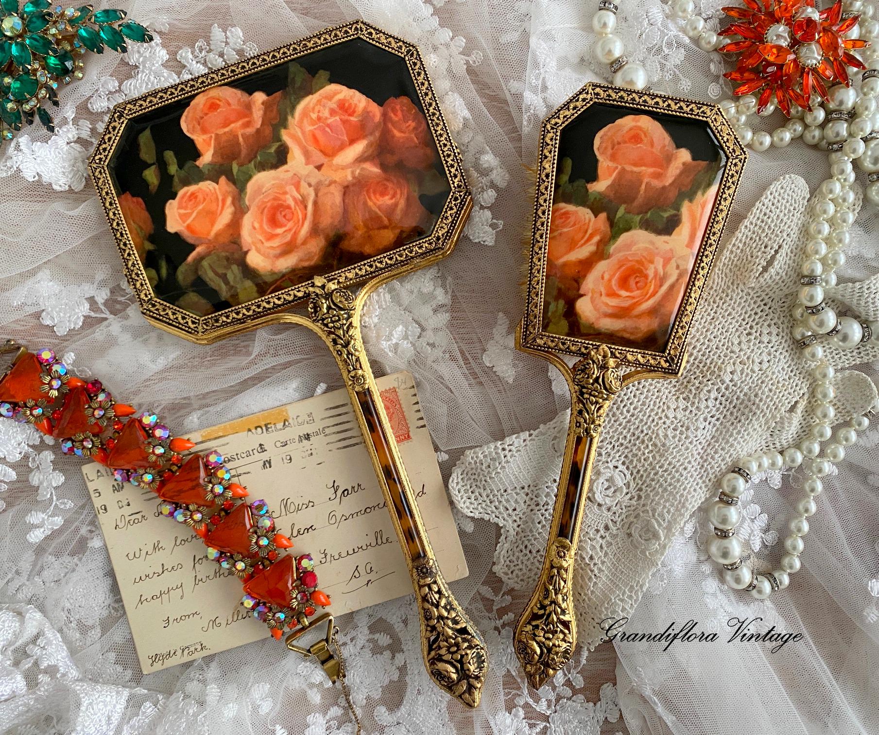 Ornate Vintage Vanity Set, Hair Brush & Hand Mirror, Apricot Roses, Ormolu Gold Dressing Table, Dresser, Hollywood Regency, Moody Botanical
