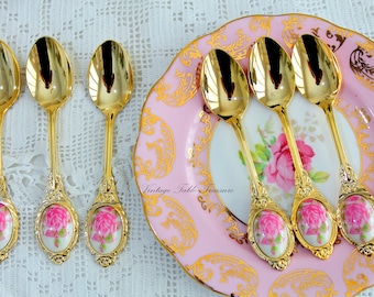 Vintage Floral Porcelain Teaspoons: Boxed Set Collectible Teatime