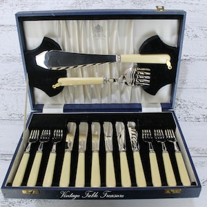 Vintage Mappin & Webb 14 Piece Fish Seafood Set, Knives Forks, English Silver Plate, Faux Bone Handles, Original Box, Fine Dining
