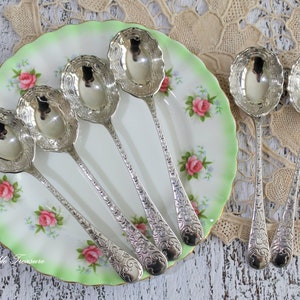 Dainty Set of Six Silver Plate Ornate Vintage Engraved Cake, Fruit or Tea Spoons, Tea Party, Bridal Shower, Rodd Jasmine