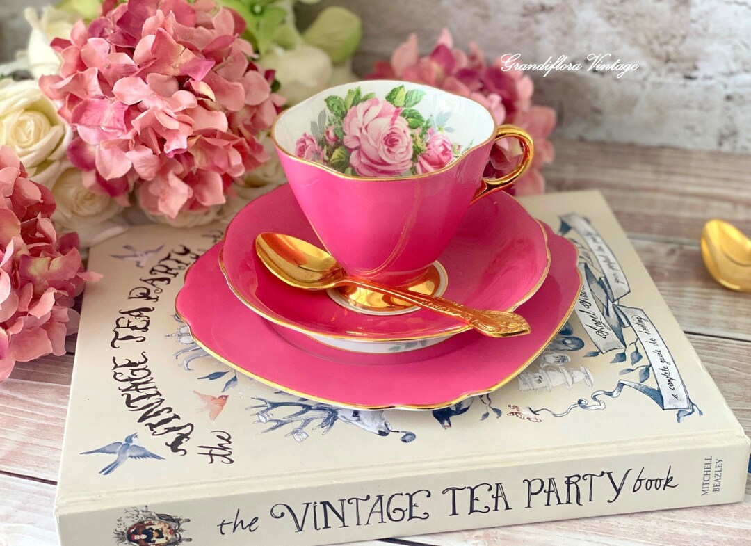 A Stunning Vintage Pink Roses Tea Cup Trio Set, Teacup, Saucer AND Cake