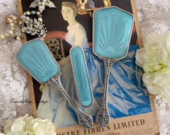 A Glamorous Vintage 1930s Faux Blue Guilloche & Filigree Vanity Set, Hair Brush, Hand Mirror, Dressing Table, Art Deco