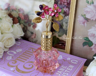 A Pretty Vintage Irice Czech Crystal and Pink Rhinestone Ornate Gold Topper Perfume Bottle, Vanity Decor, Gifts for Her