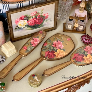A Chic Vintage 1950s Fifth Avenue Dresser Vanity Set, Hair Brush, Hand Mirror, Pink & YellowTea Roses, Dressing Table, Boudoir, Mid Century