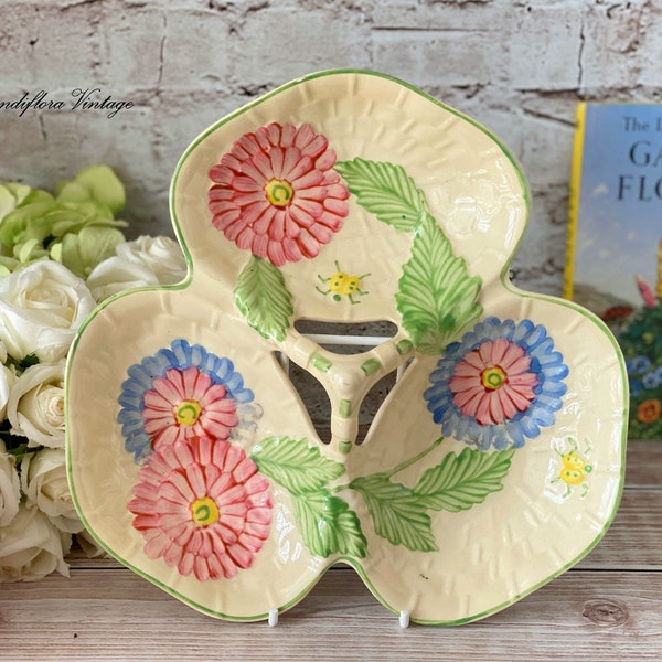 A Sweet Vintage Floral Majolica Hand Painted Divided Dish, Ladybirds, English Art Pottery, Kirklands Etruria, Country Cottage Decor