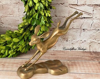 Figura vintage de ciervo saltando de latón, estatua, mediados de siglo, retro, MCM