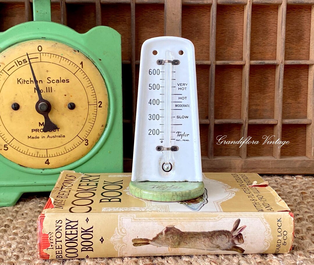Vintage 1930s Taylor Oven Thermometer Standing, Enamel & Ceramic