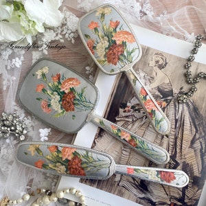 A Sweet Vintage 1950s Fifth Avenue Dresser Vanity Set, Hair Brush, Hand Mirror, Pink Carnations, Dressing Table, Boudoir