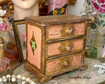 A Gorgeous Vintage Italian Florentine Jewellery Box, Pink & Gold, Wooden, Three Drawers, 1960s Hand Painted, Jewelry