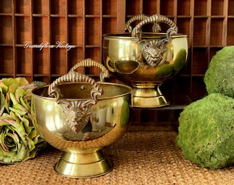 PAAR Vintage Messing Pflanzgefäße, Jardiniere, Übertopf, Löwenkopf Griffe, Antik, French Country, Bauernhaus Dekor