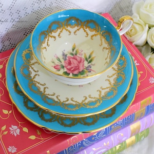 Vintage Aynsley Tea Cup Cabinet Trio, Teacup, Saucer AND Cake Plate, Turquoise and Pink Roses, English Bone China, c1939, Bridal Shower