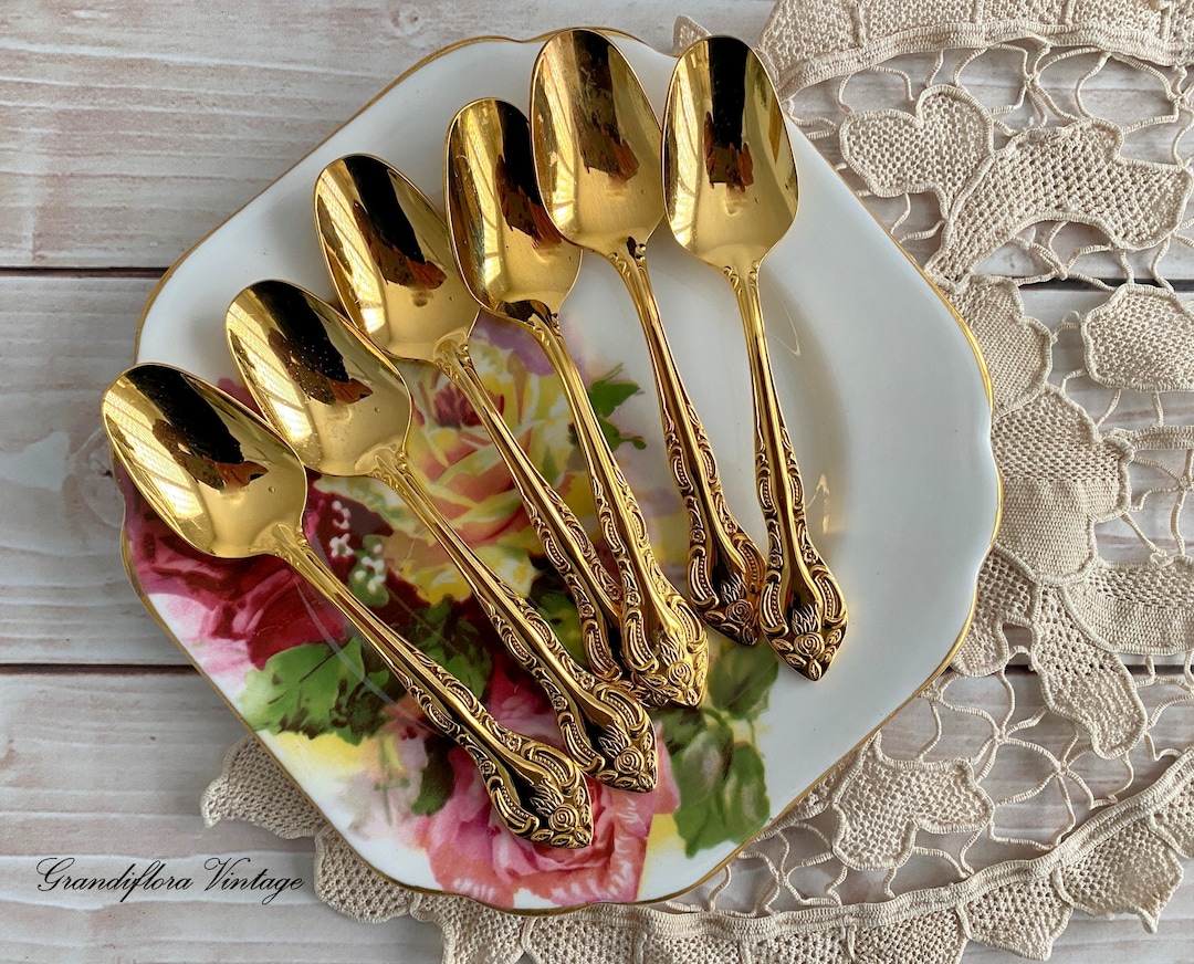 A Pretty Set of Six Ornate Vintage 24kt Gold Plated Teaspoons, Rodd