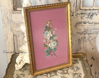 A Pretty Vintage Completed Pink Roses Needlepoint Picture, Gold Frame, Tapestry, Floral, Embroidery, Country Cottage, Cottagecore