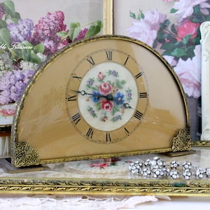 Lovely & Large Vintage Petit Point Embroidery and Gold Ormolu Wind Up Alarm Clock, Mantel, Dressing Table, Boudoir, 1940s Art Deco