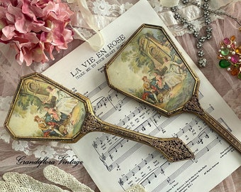 A Lovely Antique  Filigree French Style Hair Brush & Beveled Hand Mirror, Ormolu Gold Dressing Table Vanity Dresser Set, Hollywood Regency