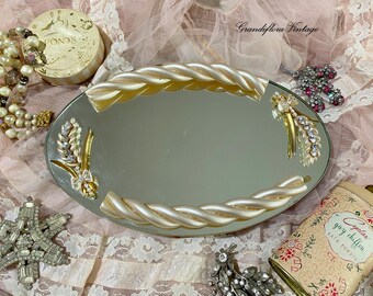 Vintage Vanity Perfume Tray 1950s, Mirror, Lucite & Rhinestones, Mid Century, Dressing Table, Hollywood Regency