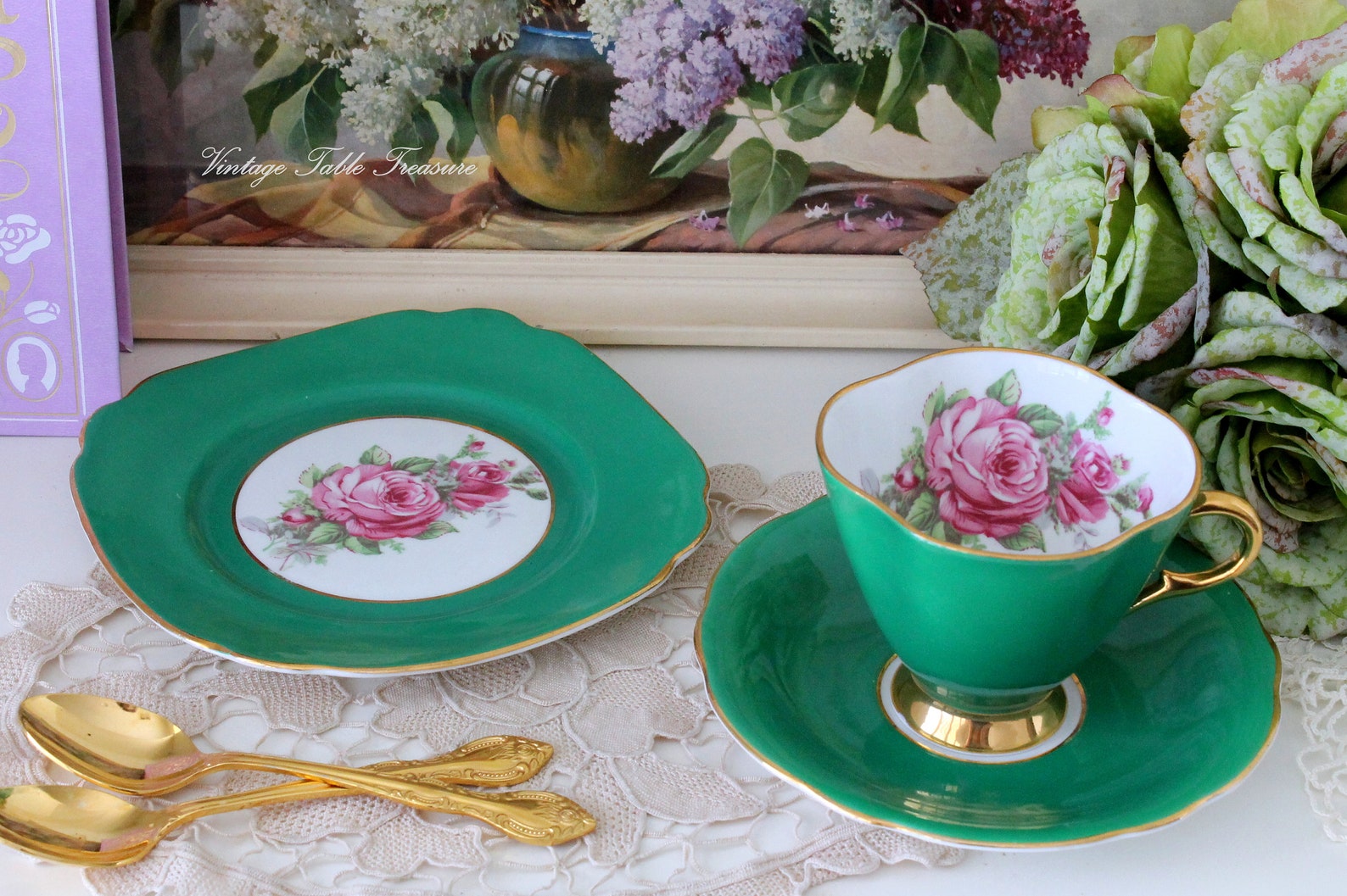 A Stunning Vintage Emerald Green & Pink Roses Tea Cup Trio Etsy
