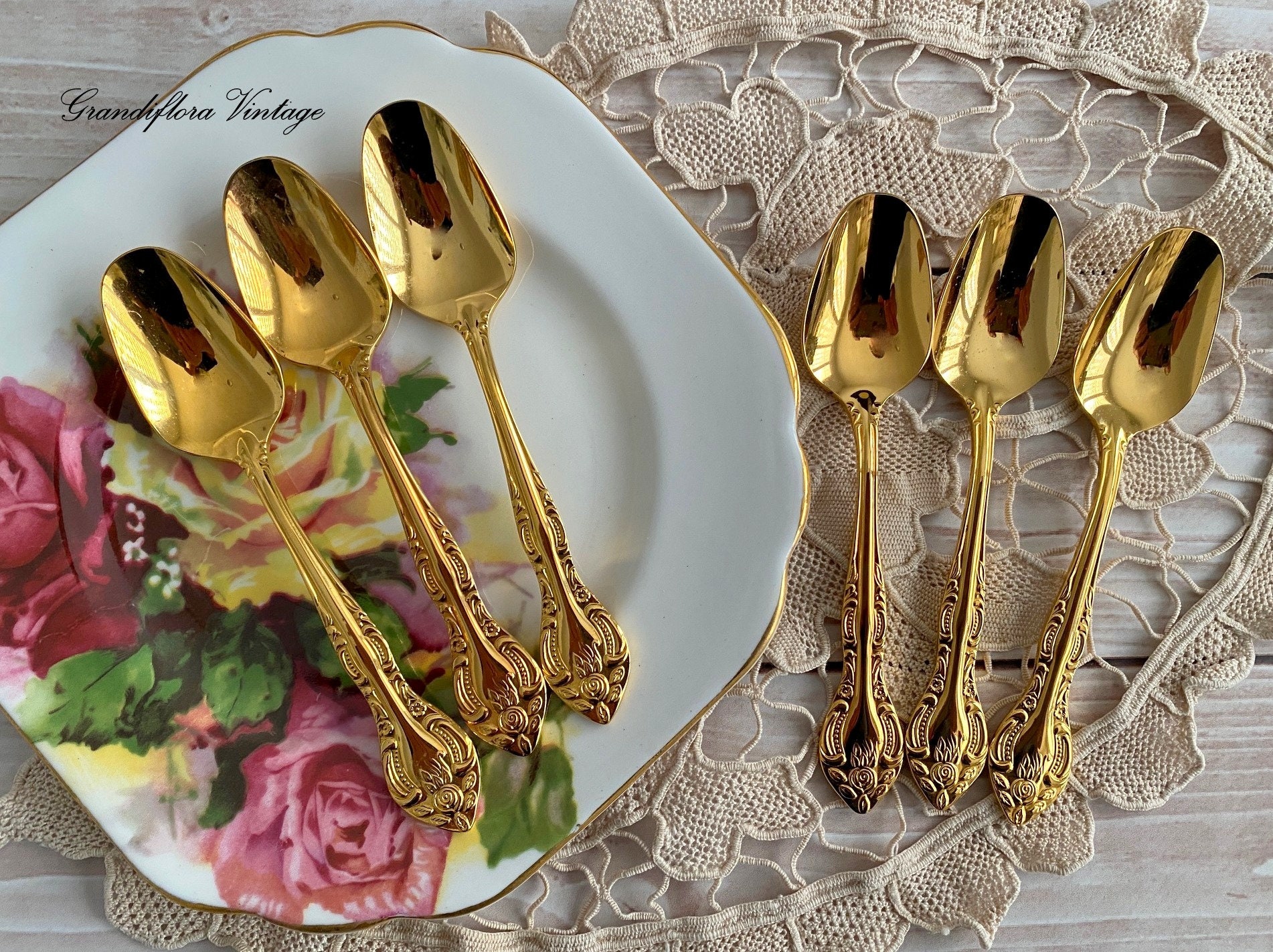 【Vintage】 Floral Teaspoons Vintage Silver Plated Tea Spoons Set Of 6 Floral Rose