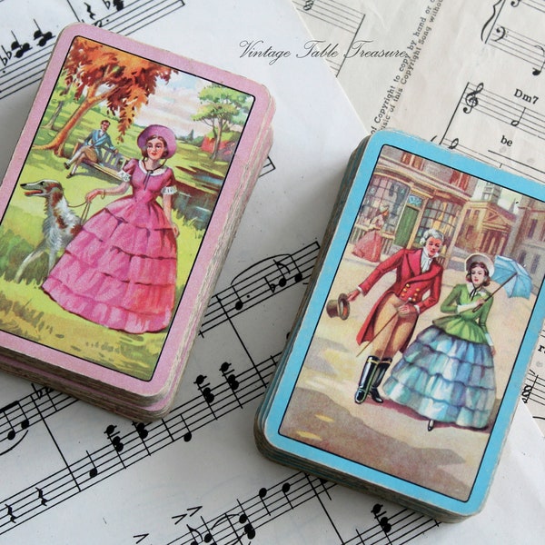 A Charming Set of Two Full Decks of Vintage Crinoline Lady Playing Cards, Swap Cards, 1930s, 108 Cards