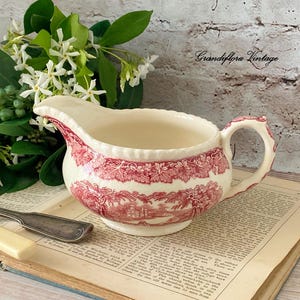 Antique Mason&#39;s Pink Vista Jug, Pitcher, Ironstone, Farmhouse Vintage Kitchen, Country Cottage, Transferware