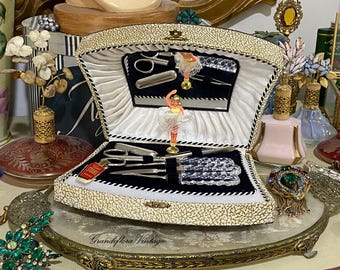 Vintage 1950s Reuge Swiss Musical & Ballerina Manicure Set, 'Edelweiss' Echt Stahl Germany, Crystal Handles, Boxed, Vanity Decor, Boudoir