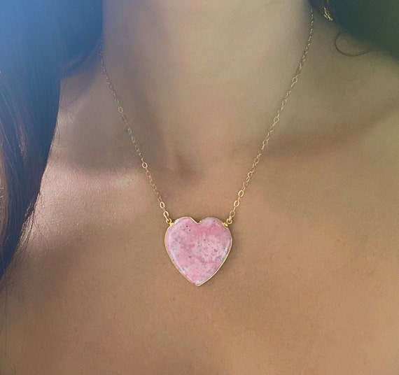 Pink Crystal Heart Necklace // Rhodonite Heart Necklace // Rhodonite Gold Necklace // Large Heart Necklace // Gift for her // Valentines Day