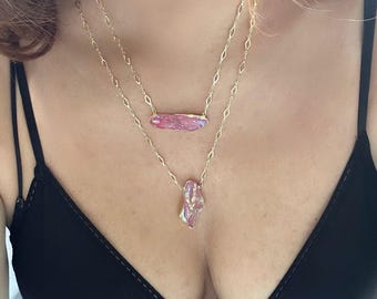 Pink Sunset Aura Quartz Necklace: Gold Aura Quartz Necklace