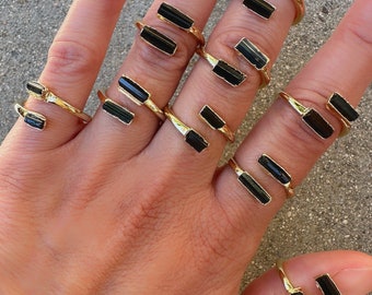 Black Tourmaline Gold Vermeil Wrap Ring, Adjustable Size 5-9