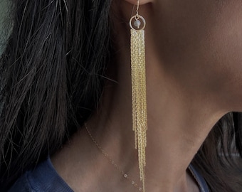 Tassel Dangle Drop Gold Earrings: Long Waterfall Pearl Statement Jewelry, wedding bridesmaid, gift