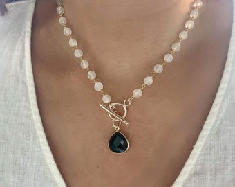 Selenite and Black Tourmaline Gold Necklace: Crystal Beaded Necklace with Toggle Clasp and Charm // Protection Jewelry