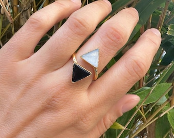 Black Tourmaline Selenite Gold Adjustable Ring: Triangle Waterproof Wrap Gold Protection