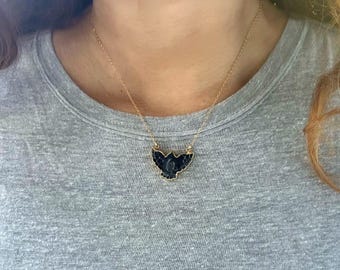 Black Onyx Bird Gold Necklace: Hand carved Thunderbird, Phoenix, Raven, Hawk