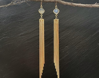 Rainbow Moonstone Gold Long Drop Tassel Earrings: Gold fill ear wire