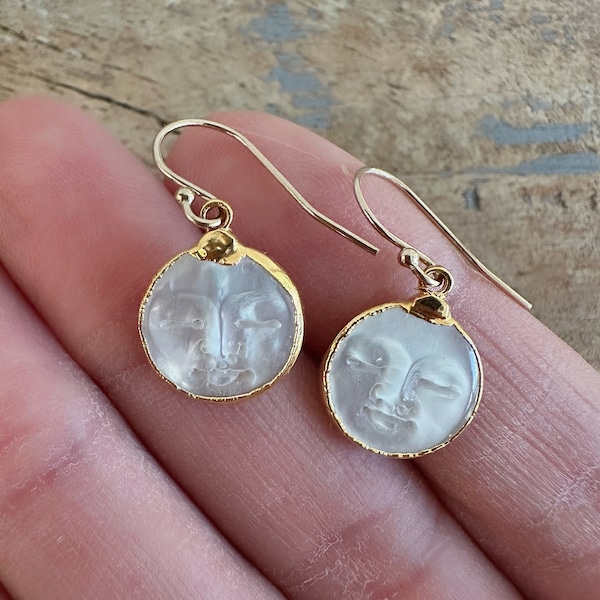 Man in the Moon Gold Earrings // Shell Man in the Moon Earrings  // Moon Face Gold Dangle Earrings