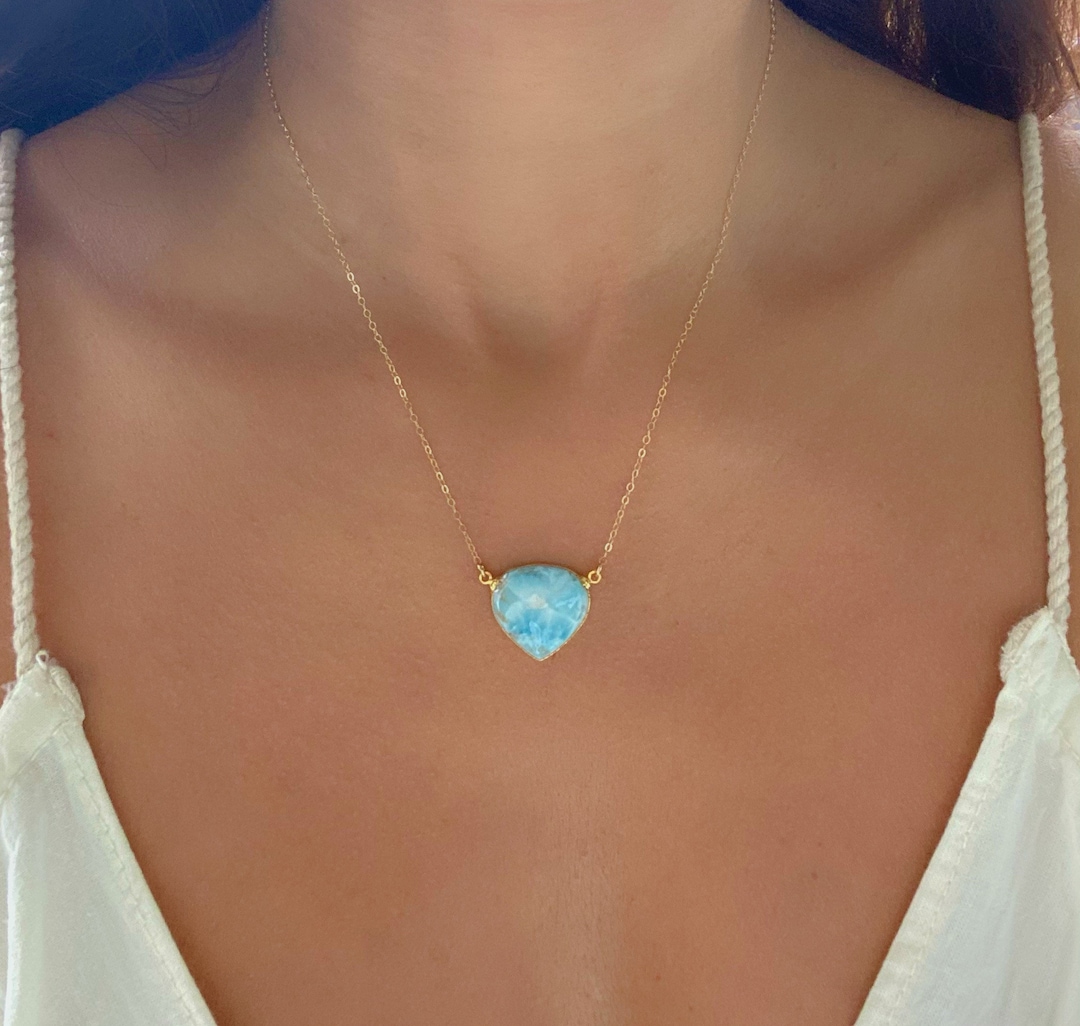 Larimar Gold Necklace // Larimar Large Necklace // Larimar Pendant Gold ...