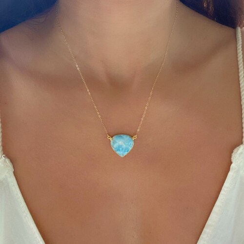 Collier en or et larimar // Grand collier en larimar // Collier avec pendentif en or et larimar