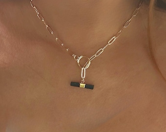 Black Tourmaline Gold Bar Necklace: Paperclip Toggle Clasp Waterproof