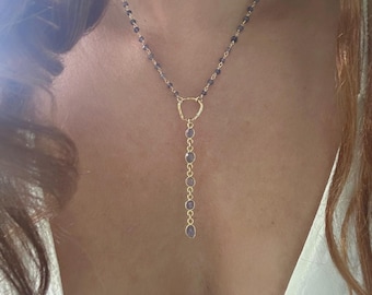 Tanzanite Gold Lariat Necklace: Beaded Chain Y Necklace
