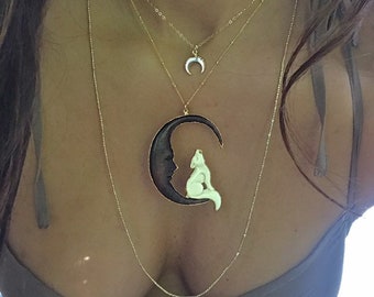 Moon Wolf Necklace // Wood Moon Necklace // Wolf Necklace